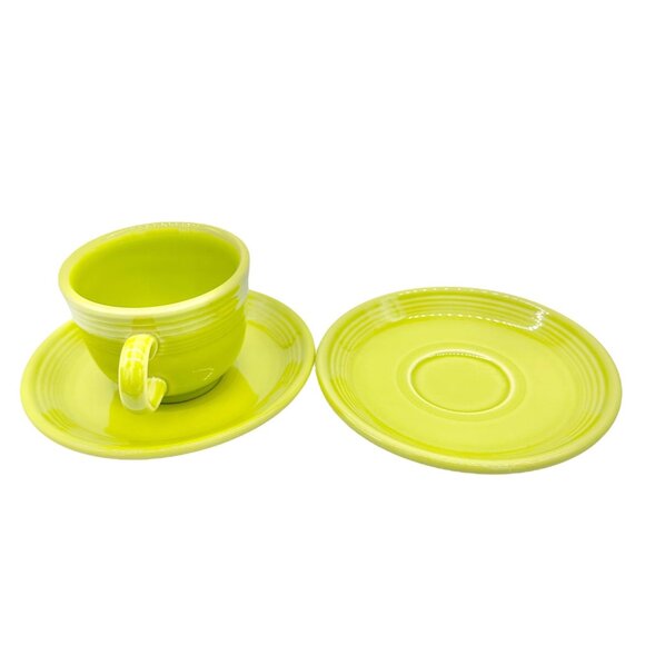 Fiesta Homer Laughlin Cup & 2 Saucers Set in Chartreuse Lead-Free Ceramic USA - Picture 1 of 9